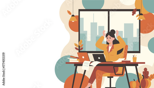 Overworked businesswoman stressed at her office desk facing deadline pressure