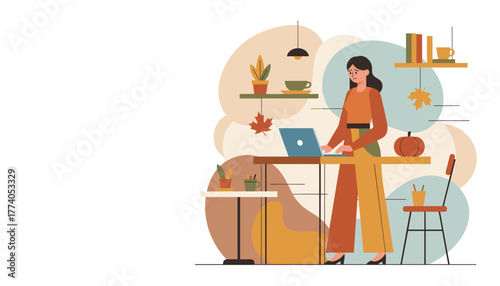 Stressed woman works on a laptop in a cozy autumn home office dealing with freelance burnout