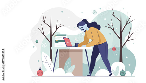 Angry woman stressed working on laptop outdoors in winter during holidays