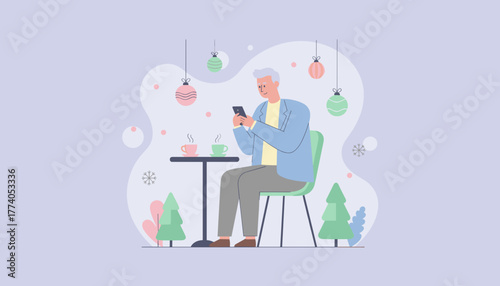 Elderly man uses phone at cafe table with holiday decor Digital connectivity and leisure concept