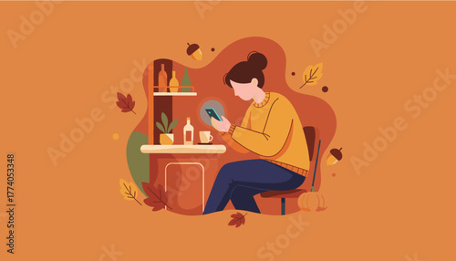 Woman relaxing in autumn cafe checking smartphone Cozy fall technology and leisure illustration