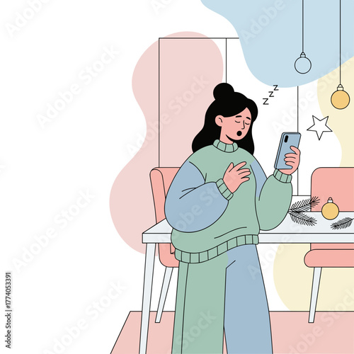 Sleepy woman yawning while checking her phone late Digital exhaustion and tiredness concept