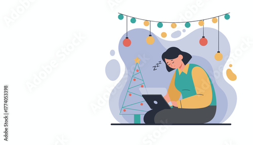 Holiday burnout Tired woman sleeping at laptop near a decorated Christmas tree