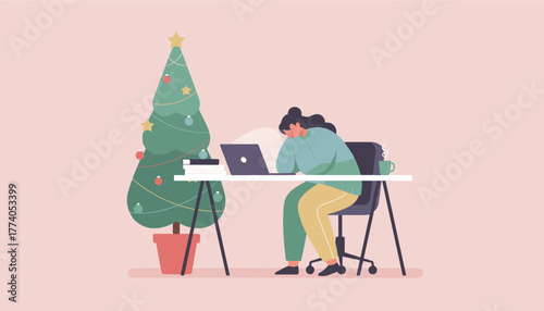 Working through Christmas Stressed woman at desk with laptop suffering holiday work burnout