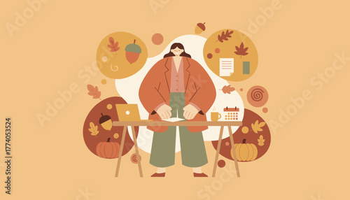 Autumn professional woman working at desk with laptop calendar and seasonal dcor