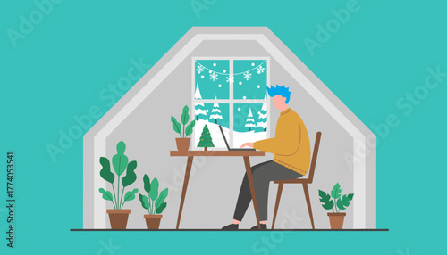 Remote worker in a winter home office with Christmas decorations and snow falling outside