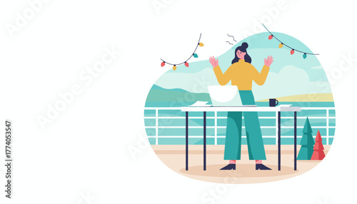 Remote work stress Frustrated woman working on laptop outside during the holidays