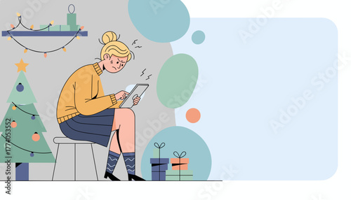 Stressed woman using a tablet near a Christmas tree Holiday shopping frustration