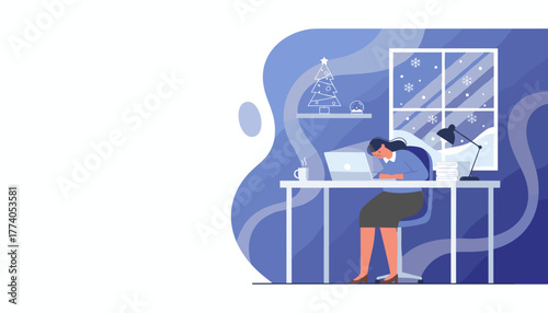 Stressed employee sleeping at desk during winter holidays Remote work burnout and overtime concept