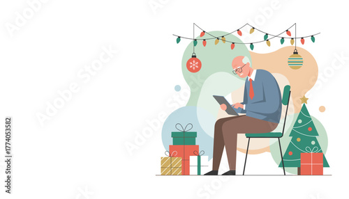 Senior man shopping online using a tablet near Christmas gifts and tree