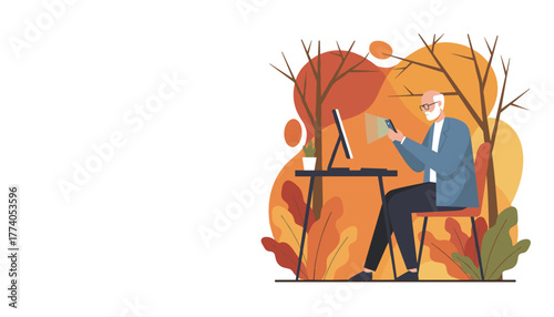 Senior man using smartphone and computer outside Remote work technology and nature