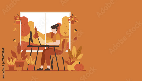 Woman works from home enjoying the cozy autumn view Flat vector illustration