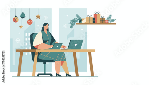 Woman working on a laptop in a modern office decorated for Christmas and winter holidays