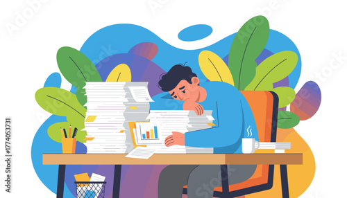 Overwhelmed employee suffers burnout resting on huge stacks of paperwork symbolizing stress and overload