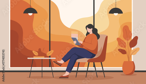 Woman using a tablet in a cozy modern room with warm fall colors Remote work technology or leisure