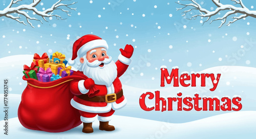 Joyful Santa Claus waving hello with a sack full of colorful gifts in a snowy winter wonderland wishing Merry Christmas