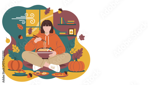 Enjoying hot ramen indoors on a cold autumn day Cozy comfort food and fall lifestyle illustration