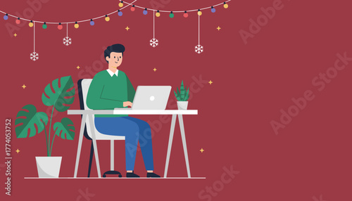 Happy man working remotely on a laptop during the winter holidays Festive business illustration