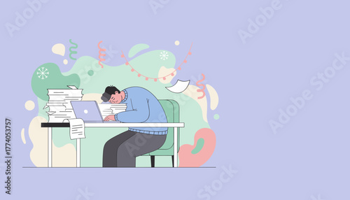 Burnout during the holidays Tired man sleeping on a mountain of work papers next to a laptop