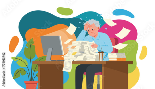 Stressed senior man overwhelmed by paperwork and deadlines in the office Burnout concept illustration