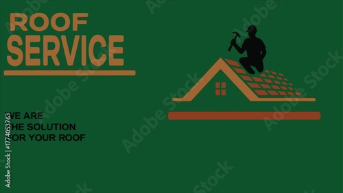 Roof Service Logo with Roofer Worker and Hammer - Vector Illustration