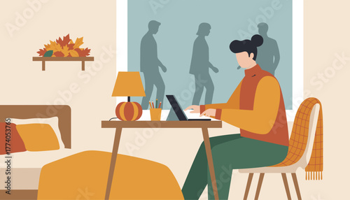 Cozy autumn remote office setup Woman works on laptop at home desk with fall decorations