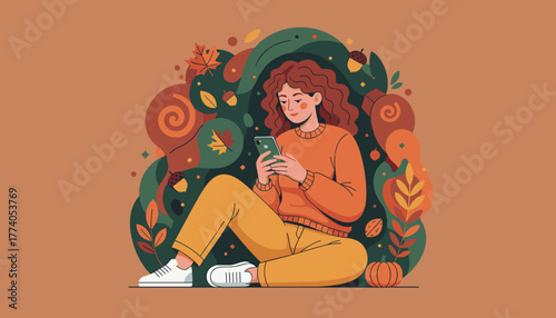 Woman using smartphone surrounded by colorful fall elements Cozy autumn leisure and social networking