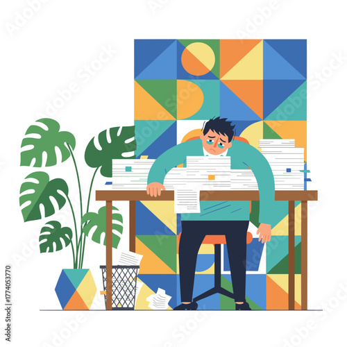 Business burnout Sad employee overwhelmed by excessive paperwork and deadlines