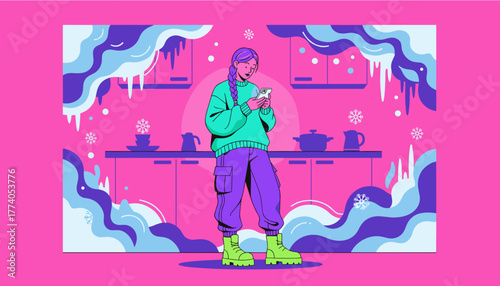 Vibrant digital illustration of a woman using a smartphone indoors in a stylized winter scene