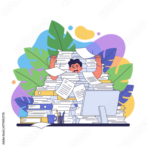 Overwhelmed businessman drowning in documents Stress workload burnout and deadline illustration