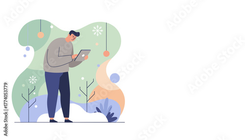 Man using a tablet in a stylized winter landscape representing online activity or seasonal blues