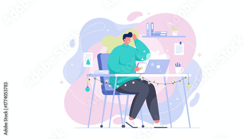 Smiling person working remotely on a laptop with festive Christmas holiday decorations at home