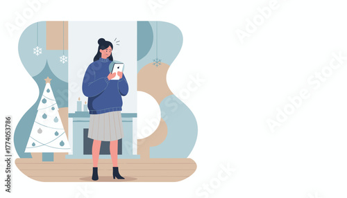 Worried woman viewing phone during winter holidays near a fireplace and Christmas tree