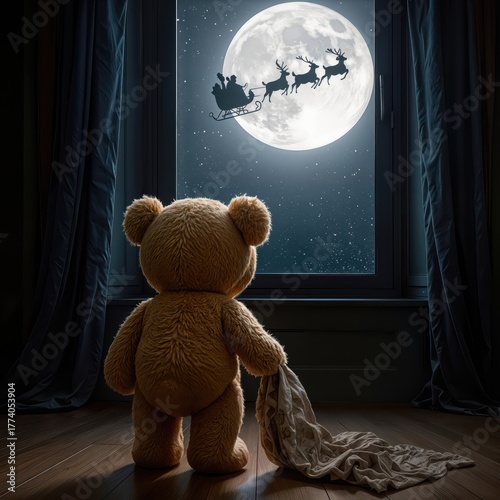 A teddy bear gazes out the window at the full moon, with Santa's sleigh silhouetted against the night sky, as the softly lit room creates a cozy and magical atmosphere 