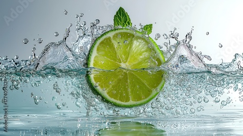 Lime slice splashing in water with mint leaves, clean and refreshing scene