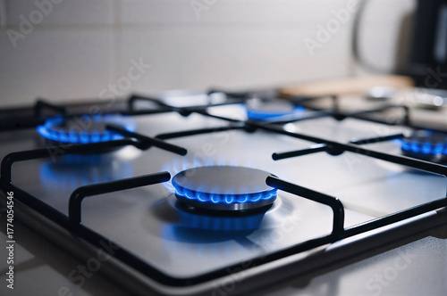 A close-up of a gas stove with four burners, each with a blue flame.