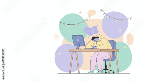 Burnout or deadline fatigue Person sleeping on office desk near computer in winter setting