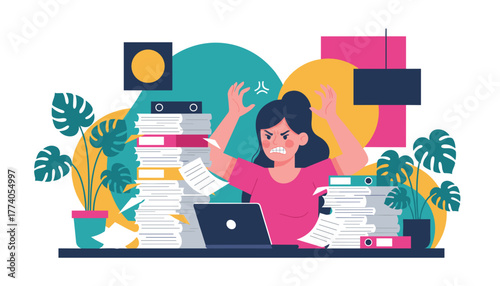 Woman stressed by heavy workload and paperwork Office burnout and deadlines concept