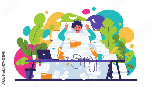 Overwhelmed office worker buried under massive paperwork Deadline stress and burden