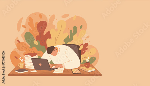 Overworked man buried in office papers and laptop stress and burnout concept