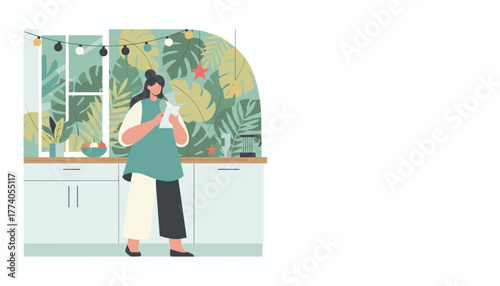Woman reading recipe list in a stylish kitchen with tropical plants Cozy home routine illustration