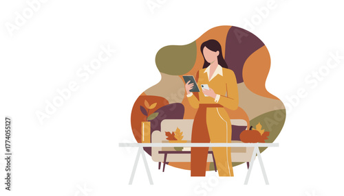 Woman working remotely with devices in a cozy autumnthemed modern interior space illustration