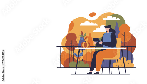 Woman works on a tablet on an autumn balcony illustrating remote work and seasonal tech