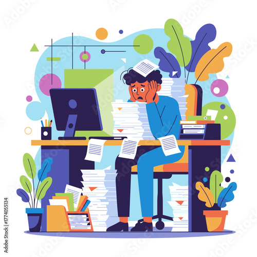 Burnout Frustrated worker drowning in paperwork and excessive office workload