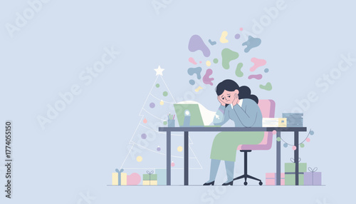 Stressed woman working during the Christmas holidays Office burnout and seasonal depression illustration