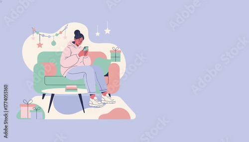 Girl shopping online on smartphone while relaxing on a sofa in a festive living room