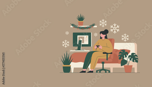 Woman playing video games on a computer at home during winter Leisure entertainment cozy activity
