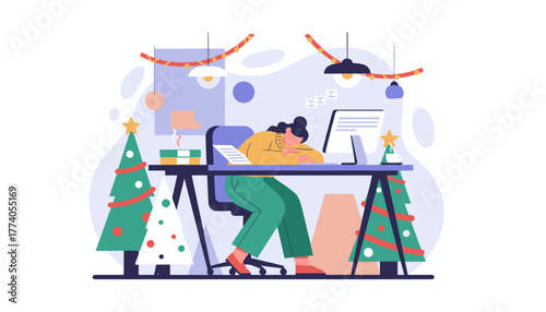 Exhausted employee asleep at her desk in a Christmasdecorated office Holiday burnout