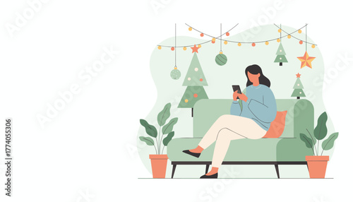 Woman on sofa using smartphone in a cozy Christmas living room