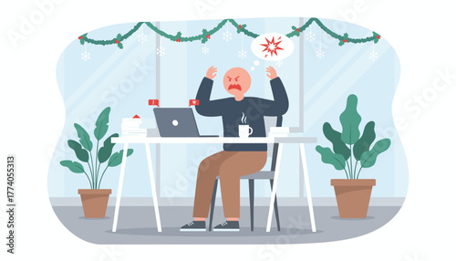 Employee suffering from holiday burnout heavy workload and anger at the office desk